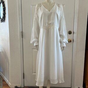 JJ House Woman's Plus-Size White V-Neck Chiffon Lace Midi Wedding Dress Sz XXL